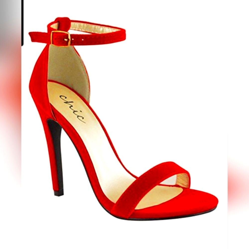 Chic Red Suede Ankle Strap Stiletto Heels Size 6/39 Women's Open Toe Dres
